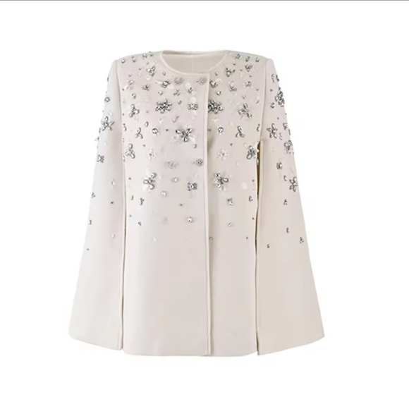 Diamonds Temperament Coats For Women Round Neck Cloak Sleeve Spliced Button Loos - Picture 5 of 6